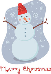 Funny snowman wearing a hat  and with snowflakes. Hand drawn holiday concept for card and other graphic design	