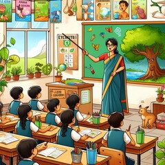 A classroom scene where an Indian teacher educates students about environmental issues, using posters and eco-friendly activities.