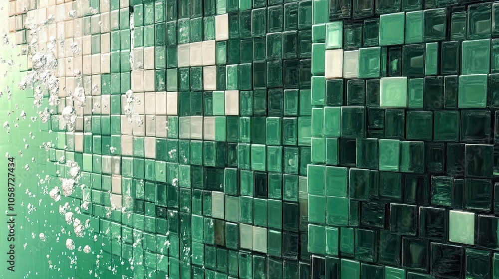 Poster green background with a mosaic of small squares in varying shades, forming a grid that creates a tex