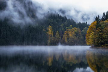 Misty autumn morning at a lake surrounded by colorful trees