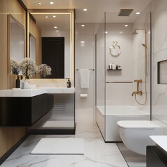 Modern Small Bathroom Interior Design in White, Black and Golden Colors. Luxurious Bathroom.