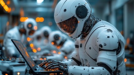 Fototapeta premium engineers collaborating over a laptop, discussing artificial intelligence software in a high-tech research lab, showcasing teamwork and modern engineering concepts