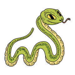 Green cute snake hand drawn flat. Dangerous animal with long writhing body. Viper, python, anaconda, rattlesnake. Poisonous creature. Vector cartoon illustration.