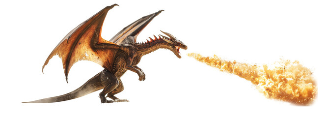 A dragon standing and breathing fire isolated on transparent background.