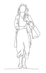 Woman with shopping bags walking and holding phone. Glasses on top of head. Wear summer dress. Continuous one line drawing. Vector in line art style.