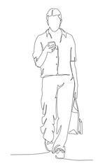 Woman with shopping bag walking and using phone on the go. Continuous line drawing. Black and white vector illustration in line art style.