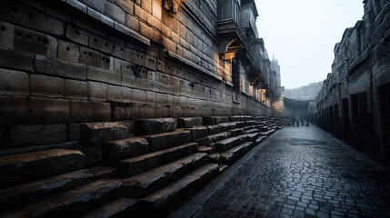 Narrow cobblestone street with ancient stone wall featuring small carved holes, illuminated by warm light against a backdrop of mist and distant figures walking.