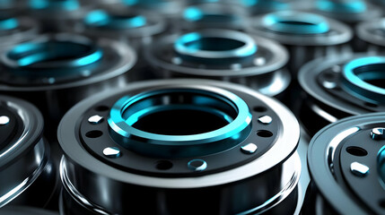 3D Illustration of Futuristic Metallic Rings with Blue Lights