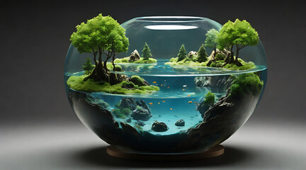 A fishbowl filled with tiny floating islands and trees instead of water, representing a unique perspective on the concept of habitat.