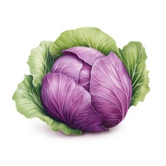 Obraz premium Fresh, vibrant purple cabbage with green leaves, isolated on white background.