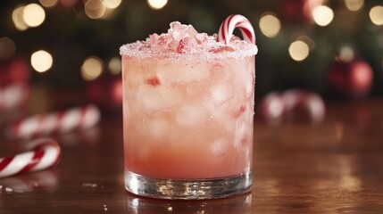 A glass of pink drink with a candy cane in it