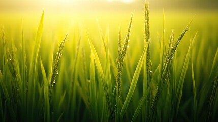 Obraz premium Green Rice Paddy Field at Sunset