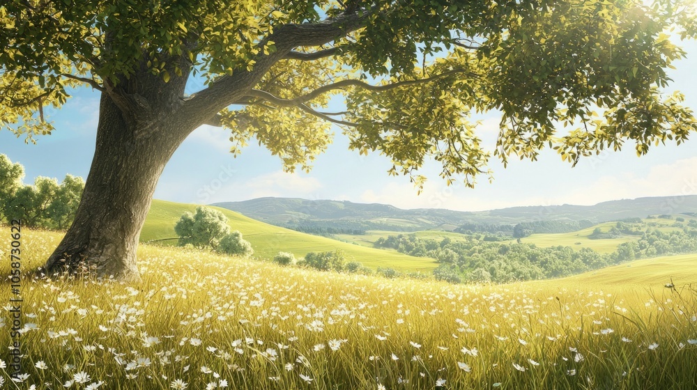 Poster a large tree is in the foreground of a field of grass