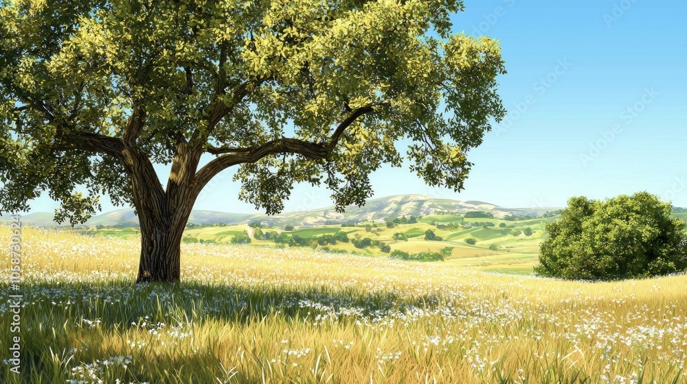 Poster a large tree is in the middle of a field