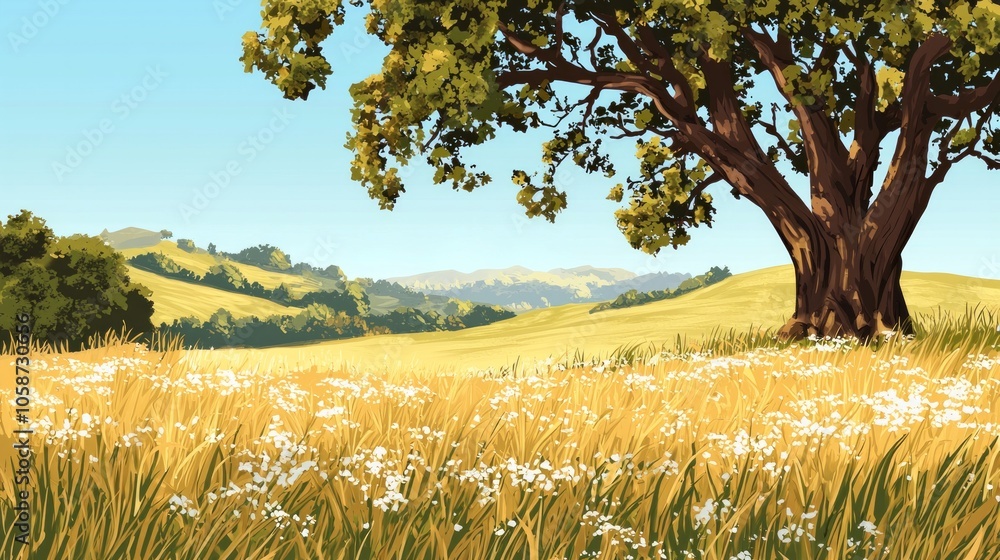 Poster a large tree is in the foreground of a field of grass