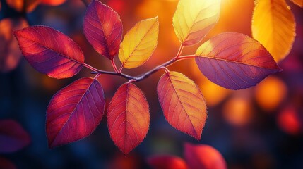 Fototapeta premium Close-up of Vibrant Red and Yellow Autumn Leaves with Sunlight Filtering Through