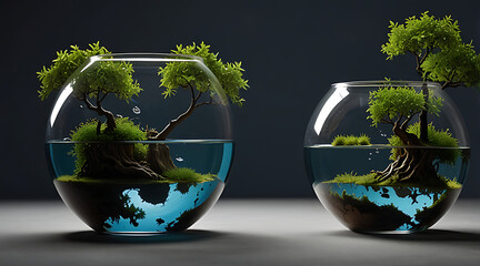 A fishbowl filled with tiny floating islands and trees instead of water, representing a unique perspective on the concept of habitat.