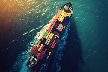 Large container ship sailing through deep blue ocean waters during bright daylight