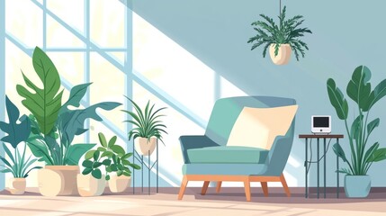 Bright living room with a cozy armchair, Wi-Fi router on a side table, surrounded by houseplants and soft lighting, creating a peaceful, connected space