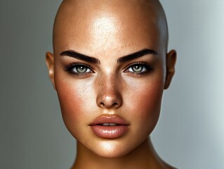 Fototapeta premium A woman with a bald head and blue eyes