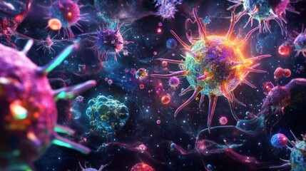 Fototapeta premium A vibrant, colorful rendering of microscopic viruses and cells in a dark background, suggesting a cosmic landscape.