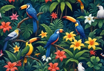 Tropical exotic pattern with animal and flowers in bright colors and lush vegetationn