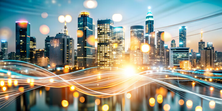 Abstract cityscape digital data streams bokeh effect modern skyline urban digitalization connectivity technological advancement empty space for copy branding area