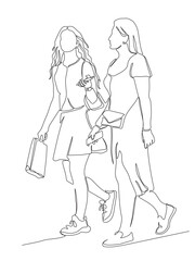 2 young women talking holding shopping bag and mobile phones walking. Continuous line drawing. Black and white vector illustration in line art style.