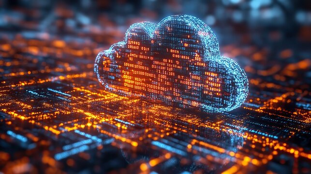 An abstract digital background with cloud technology and binary code represents the power and potential of cloud computing