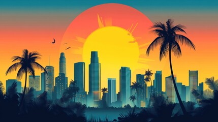 A stylized cityscape with palm trees and a setting sun.