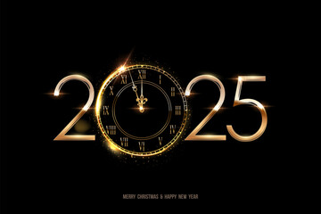 2025 Happy New Year clock countdown on black background. Gold shining watch with numbers for winter celebration. Greeting festive card vector illustration, holiday poster or wallpaper design.