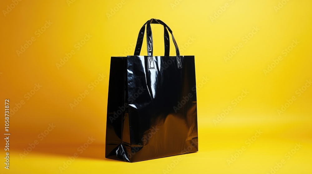 Poster black shopping bag against a yellow backdrop captured in a studio setting emphasizing a minimalist d
