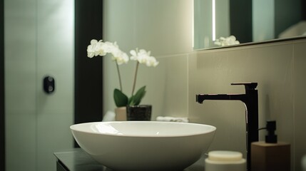 Fototapeta premium A sleek bathroom mirror featuring a modern minimalist design highlighting clean lines organized spaces and the understated beauty of a thoughtfully styled interior