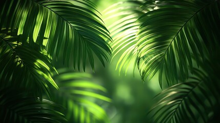 Fototapeta premium An abstract green background with palm leaf shadows creates tropical theme, ideal for product displays or presentations