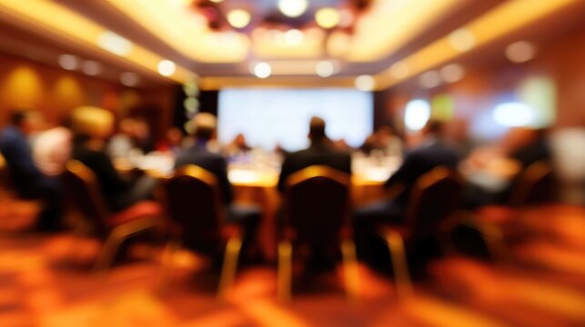 Business professionals engaged in a roundtable discussion at a conference featuring a blurred background and ample copy space
