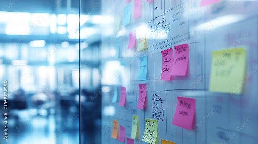 Poster a whiteboard covered in colorful sticky notes with handwritten notes in an office setting.