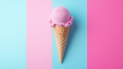 A single scoop of pink ice cream in a waffle cone on a pastel pink, blue, and pink striped background.