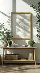 Illustration of Minimalist Interior with Wooden Table and Houseplants
