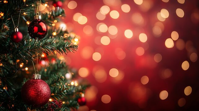Bright twinkling red beeh background with a background of blurry Christmas tree lights 