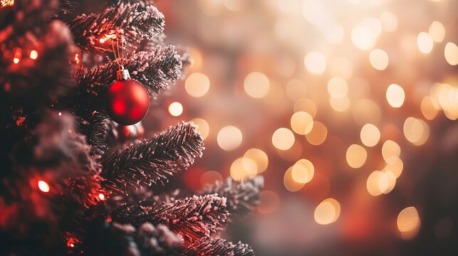 Bright twinkling red beeh background with a background of blurry Christmas tree lights 