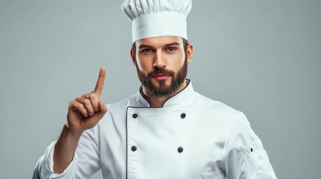 Chef offers guidance and tips while gesturing with his index finger raised