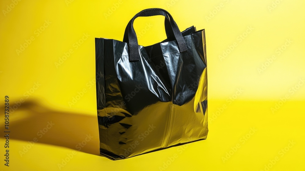 Poster black shopping bag against a yellow backdrop captured in a studio setting emphasizing a minimalist d
