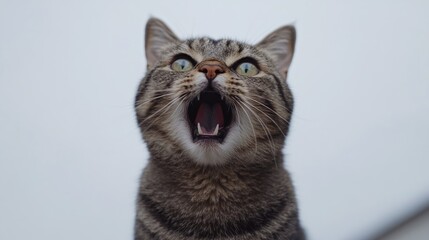 A startled gray cat against a white backdrop