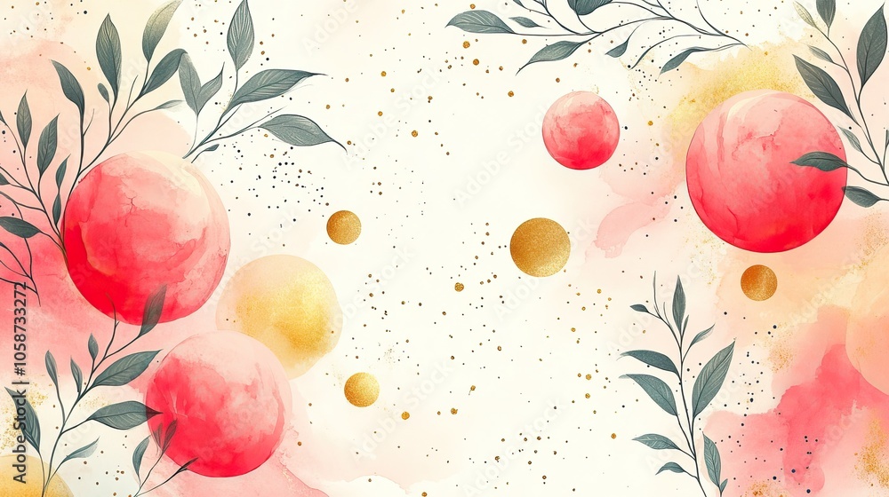 Poster an abstract pattern with hand-drawn pink and gold circles and geometric shapes, creating soft pastel