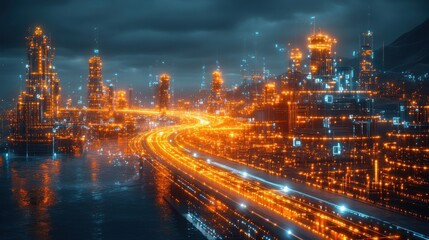 Fototapeta premium Futuristic cityscape with glowing structures and illuminated pathways.