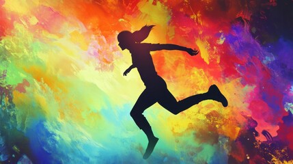 Naklejka premium A silhouette of a woman jumping against a vibrant watercolor background.