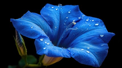 Beautiful blue flower adorned with raindrops highlighting its fragile petals and vivid hues ideal for nature centric projects