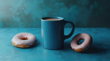 Blue mug filled with coffee or cocoa set against a blue background accompanied by donuts capturing the essence of a cozy vibe
