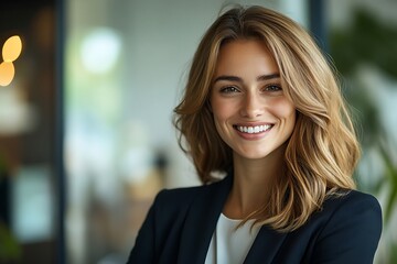 Obraz premium Confident Female Executive with Wavy Hair in Modern Office Headshot