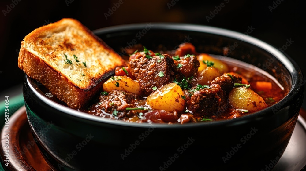 Aufkleber close up image of a comforting beef stew with potatoes in a slow cooker accompanied by a slice of to